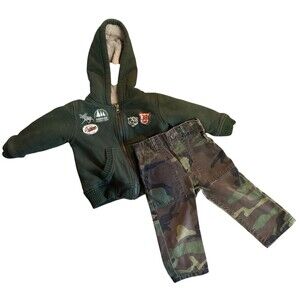 18-23 Month Toddler Y2k Camo Pants Sherpa Lined Green Nature Hooded Jacket Set